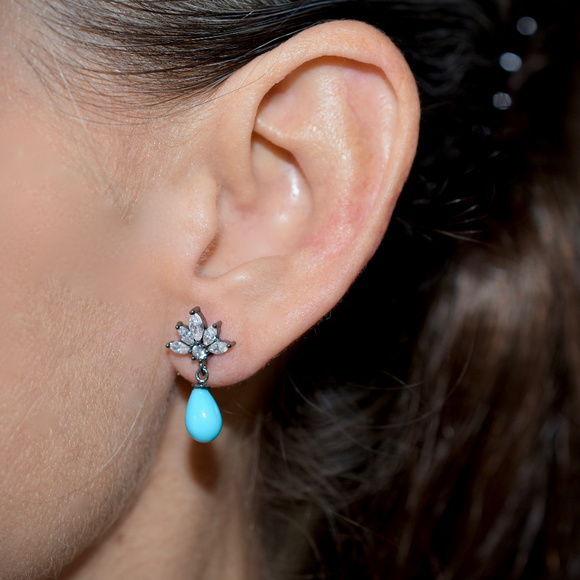 925 Sterling Silver Turquoise Drop Earrings/Dangle - Picture 4 of 4